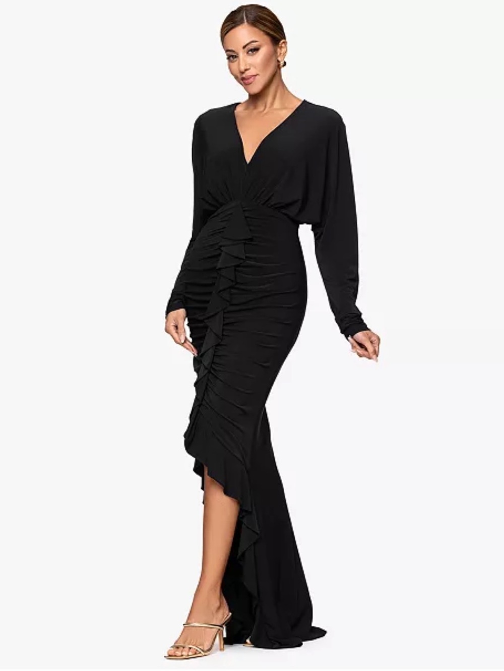 Xscape Black Ruched Ruffle Long Sleeve Evening Gown Size 6 - Picture 2 of 14